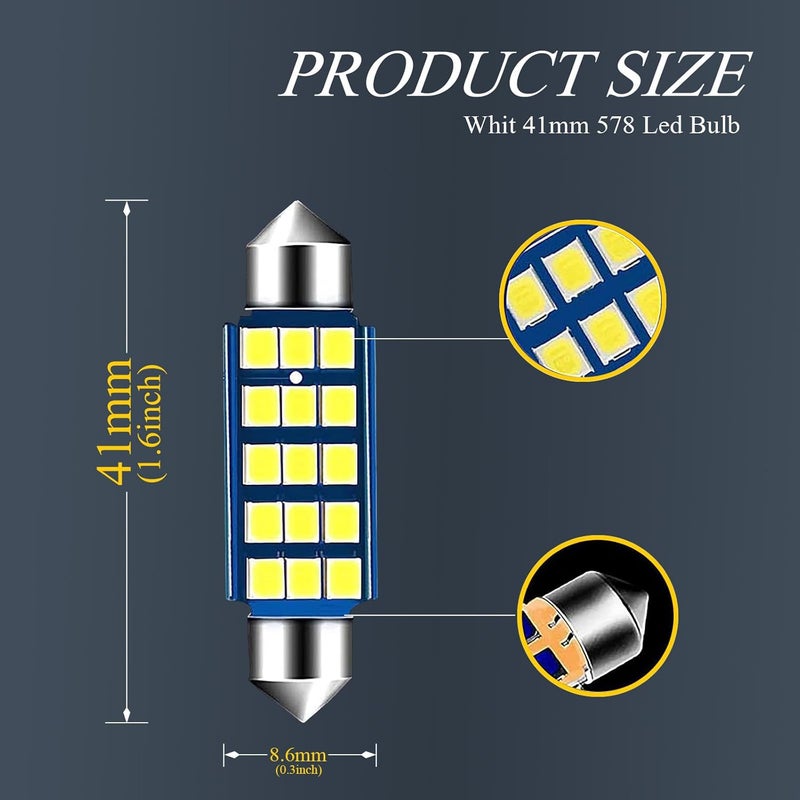 GKmow Pack-2 578 LED Extremely Bright Bulbs, 1.59" 6500K 2835 Chipsets 400LM Bulbs for LED Interior Dome Map Door Lights 211-2 212-2 569 6411 6451 41mm 42mm (White) - Image 2